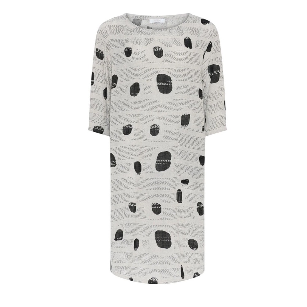 Noen Jessie Juniper Linen Shift Dress Oatmeal Grey Spot Dash Print US 16